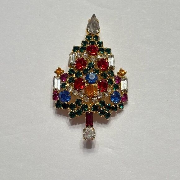 Vintage Warner Gold Tone Multi Color Rhinestone Christmas Tree Brooch Signed - Picture 1 of 15